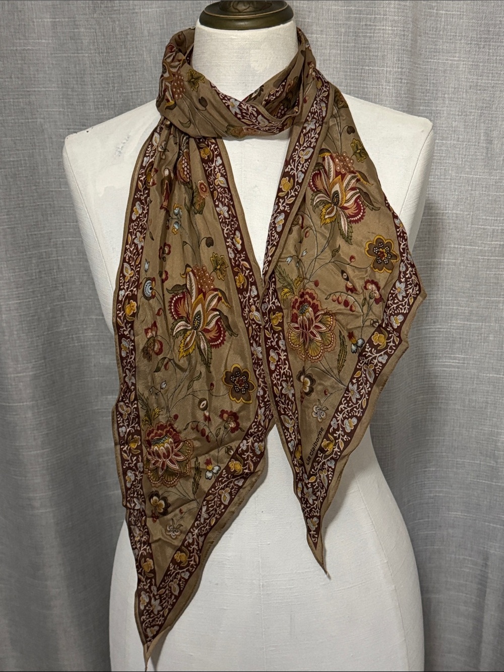 EUC Vintage Liz Claiborne Scarf-Silky Texture-Thinner Width-Floral Earth Tones